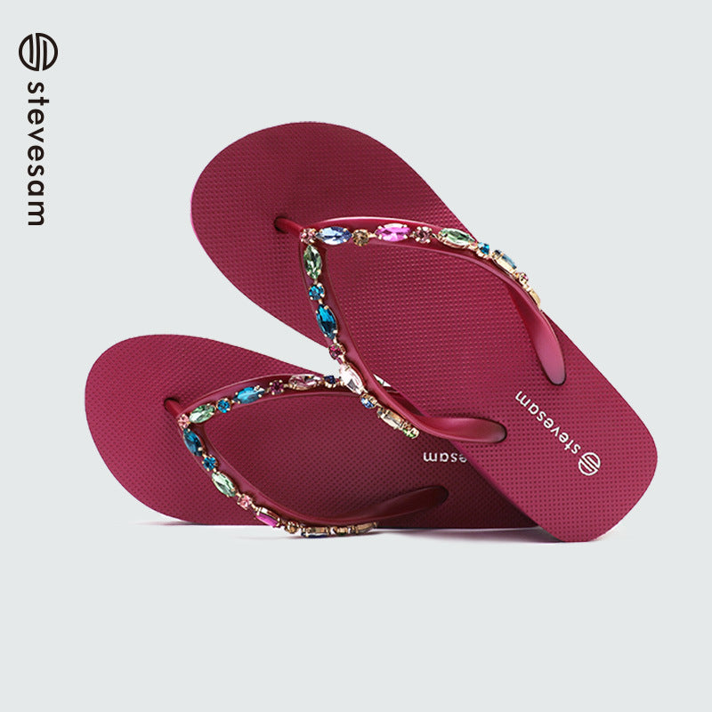 Wholesale Rhinestone Flip-Flops Women's Trendy Thick Bottom Beach Clip Leg Casual Wedge Sandals